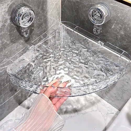 Pisheng Raidley No Drill Clear Wall Caddy, 1 Shelf, Minimalist Corner Shelf, Bathroom Storage, No Drill Required, Suction Cup Mount (Gray, A)