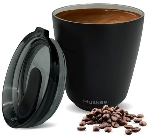 HUSKEE 8oz Stainless Steel Coffee Cup - Reusable, Stackable & Insulated Cup with Lid - No Spill Ceramic-Lined Travel Cups for Hot Drinks, Gift for Coffee Lovers & On-The-Go - Black