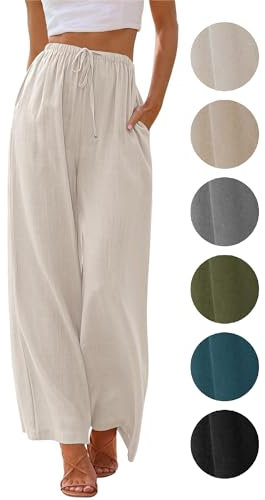 Puimentiua Sommerhose Damen Leicht,Sommer Leinenhosen,Palazzo Hose,Wide Leg Pants,Elegant Stoffhose,Luftig Sommerhosen,Women Leinen,Lockere Hosen mit Weite Bein und Tunnelzug (Aprikose,L)