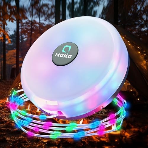 MoKo Camping Lichterkette Aufrollbar, 3-in-1 Tragbare Wiederaufladbare LED Lichterkette Outdoor mit 8 Beleuchtungsmodi, Wasserdichte Campinglampe Taschenlampe für Zelt Camping Hof Dekoration