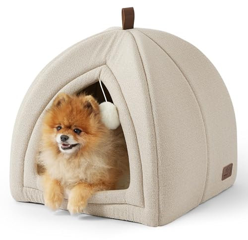 BEDSURE Katzenbett große Katzen Katzenhöhle- 44x44x44 cm Katzenhaus Indoor mit abnehmbarem Sherpa Katzenkissen und hängendem Spielzeug, Katzen Bettchen waschbar, Beige