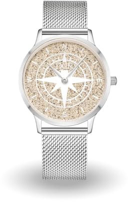 DUR Schmuck: Uhr 40er Kompass mit Strandsand, matt, Mesh Band Edelstahl, DW042