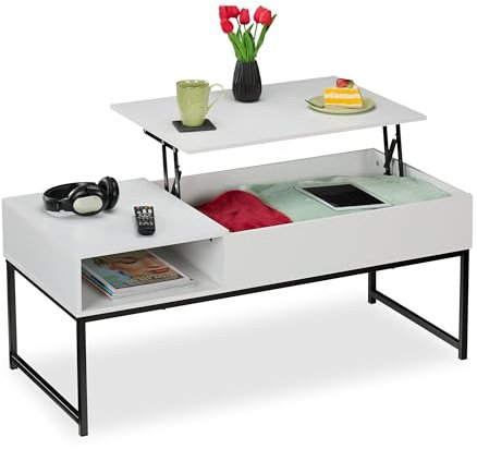 Relaxdays Couchtisch aufklappbar, HBT: 45x110x50 cm, Seitenfach, Wohnzimmertisch mit Stauraum, Holzoptik & Metall, weiß