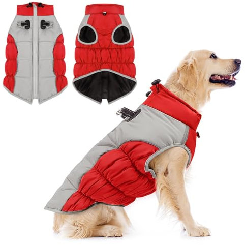 Aiboria Hundejacke Winterweste Hundemantel Jacken Hundepullover Haustier Winddicht Wasserdicht Ärmellose Gepolsterte Weste Mit Gurt Rot XXL