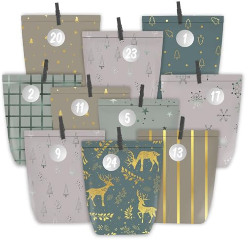 PANSIBY Adventskalender zum Befüllen, 24 Weihnachtskalender Papiertüten zum Selbst Basteln, Weihnachtstüten mit 1-24 Zahlensticker zum Selber Füllen