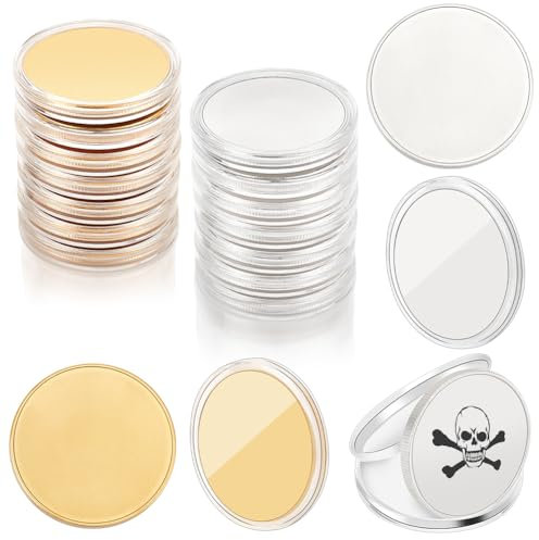 WEBEEDY 20 STK. Blank Challenge Coin Gravur Rohlinge Münzen Metall Stanzung Rohling Münze 40mm Runde Tags Gewindekante Münze Mit Acryl Schutzbox Für DIY Bastelarbeiten Gold Und Silber