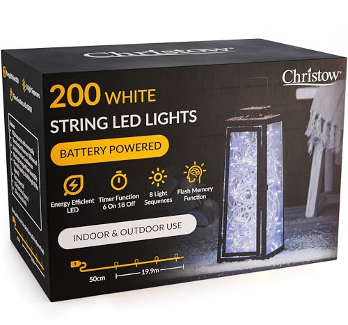 CHRISTOW Christmas Fairy Lights Battery Operated, White LED String Lighting with Timer, Indoor & Outdoor, 8 Light Modes Flashing & Static Glow, Clear Cable (200 LED / 20m Lit Length)