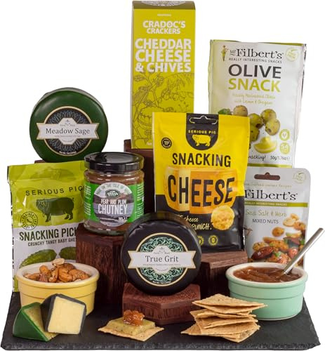 InterCheese | Gourmet 2 Cheese Truckles Hamper Gift with Crackers, Chutney, Cheese Bites, Pickles, Nuts and Olives presented in Wood Wool