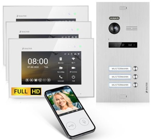 SCHUTZER Balter EVO-HD Video-Türsprechanlage für 2 Familienhaus, 2х7 Touchscreen Monitor, 175° Weitwinkelkamera, Nachtsicht, 2-Draht-Technologie (Weiß/Silber mit Wi-Fi, 3 Familienhaus)