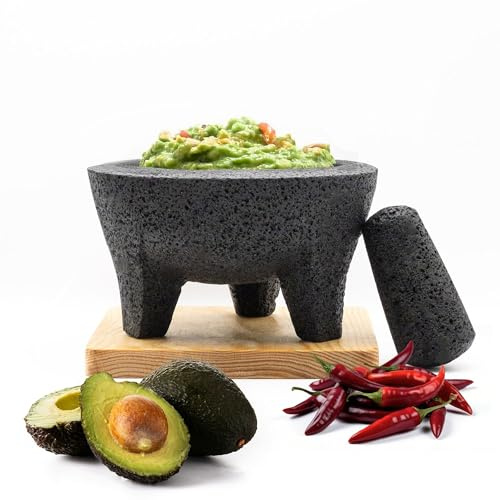 Juego de mortero y pilón de roca volcánica tradicional molcajete mexicano, hecho a mano de auténtica roca de lava en Puebla, México, cuenco para guacamole, tabla de cortar incluida, molcajete bowl de