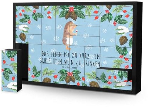Mr. & Mrs. Panda Befüllbarer Adventskalender Igel Wein - Geschenk, Wein trinken, Wein Spruch, Wein Deko, Rotwein, Tiere, Tiermotive, Adventskalender
