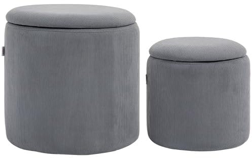HOMCOM Set of 2 Round Ottoman with Storage, Fabric Vanity Stool for Makeup, Footrest Stool with Removable Lid for Living Room & Bedroom, Light Grey