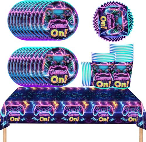 YINcrinx Vaisselle de fête pour consoles de jeux, vaisselle d'anniversaire pour enfants, vaisselle de fête jetable, assiettes en papier, gobelets en papier, serviettes en papier, nappes.