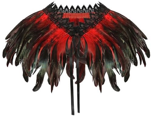 Federkragen Rot, Gothic Kostüm, Feder Cape, Federumhang Damen, Federschal Umhang, Feder Achselzucken, Raben Kostüm für Halloween Fasching Karneval Cosplay Maskerade