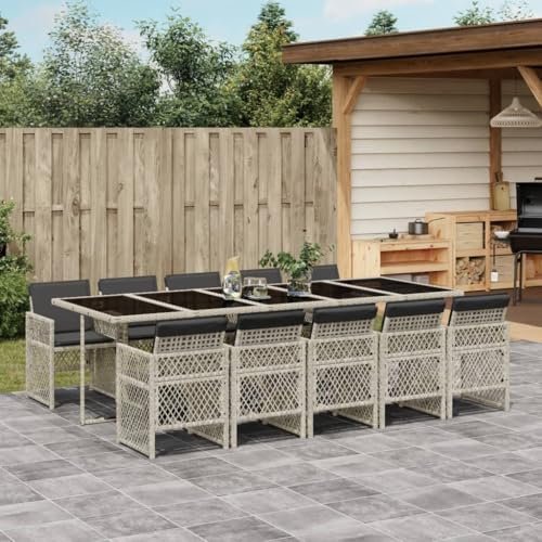 Somanki 11-TLG. Garten-Essgruppe mit Kissen Hellgrau Poly Rattan, Esstisch Mit Stühlen Set, Gartenmöbel Sitzgruppe, Balkon Möbel, Gartenlounge Set, Terrassenmöbel, Balkonmöbel Set - 3210755