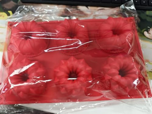 3 Pcs Mini Cake Mould, 6 Cup Savarin Mould Silicone, Mini Ring Cake Tin Non Stick, Reusable Fluted Tube Cake Pan, for Baking Cupcake Pudding (Red)