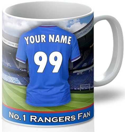 Personalised Rangers Mug - Customise with A Name and Number for The Shirt and A Message On The Back of The Cup