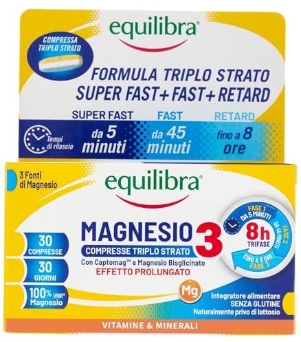 Equilibra, Magnesio 3, Magnesio Bisglicinato, Captomag™, Ossido, Integratore Stanchezza, Affaticamento, Funzione Muscolare, 30 Compresse Triplo Strato con Rilascio Differenziato, Vegan