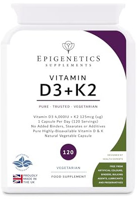 Vitamin D3 K2 Capsules | Additive-Free 4,000 IU Vitamin D & 125mcg VIT K MK7 | Long 4 Months Supply | 120 Vegetarian Friendly & Made in The UK by Epigenetics Supplements