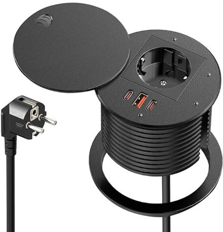 Enchufe empotrable con USB C PD 35 W, Sewingvr con Tapa, Enchufe retráctil con 3 USB, Cable de 1,8 m, Color Negro