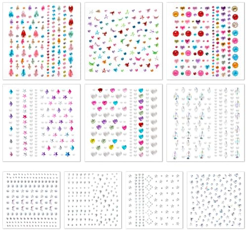 10Sheets Face Gems Self Adhesive Face Rhinestones for Makeup Festival Face Jewels Stick On Pearls Hair Gems Diamond Jewels for Women Girls Pearl Rhinestones Stickers for Face, Hair, Eye, Makeup, Nail