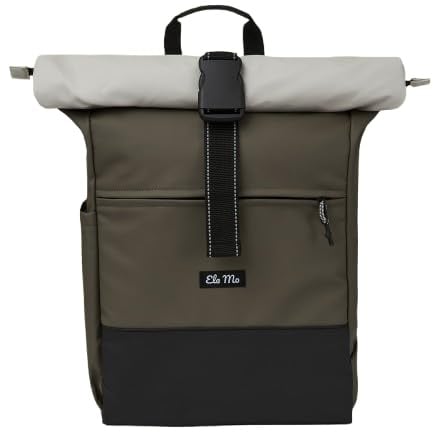 Ela Mo® Rolltop Rucksack Damen - Rollrucksack Anti Diebstahl für Sport & Reisen - Laptoprucksack für Schule, Uni, Business - Mit USB Anschluss & kompaktem Flaschenhalter - Coated Edition Olive