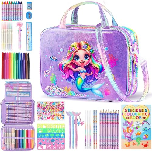 D-FantiX Meerjungfrau Geschenke für Mädchen 4 5 6 7 8-12 Jahre | Malstifte Filzstifte Malset, Buntstifte Set Handtasche Spielzeug für Kinder, Stifte Zeichenset Geschenk Kinder