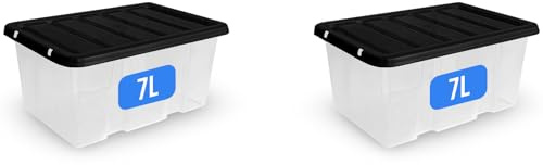 KAPCO Plastic Storage Boxes with Lids - 2 x 7L Clear Box for Clothes, Shoe, Craft | BPA Free Stackable Tubs with Black Lid | Home Kitchen Garage Office Storage Containers | Nestable Plastic Organiser