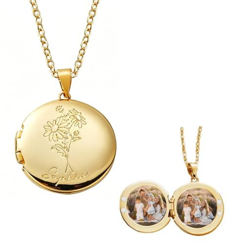 Générique Collier Personnalisé Photo, Pendentif de Médaillon Photo Gravé de Nom et Fleur de Naissance, Argent sterling/Laiton Bijoux Cadeau pour Femme