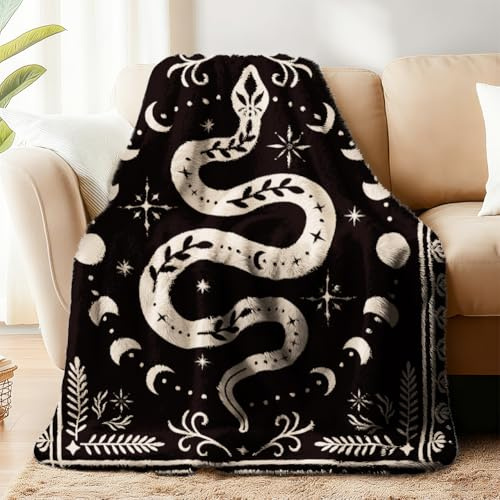 WADORN Schlangenmotiv Kuscheldecke, Gothic Mondphasen Überwurfdecke Boho Decke Mit Wahrsage Retro Flauschig Weich Aus Flanell Fleece Geschenk Für Büro Schlafzimmer Wohnzimmer Sofa Couch 150x130cm
