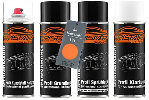 TRISTARcolor Motorradlack Spraydosen Set für Kunststoff Stoßstange für Kawasaki 17L Candy Burnt Orange Metallic Haftgrund Grundlack Basislack Klarlack mit Weichmacher Sprühdose