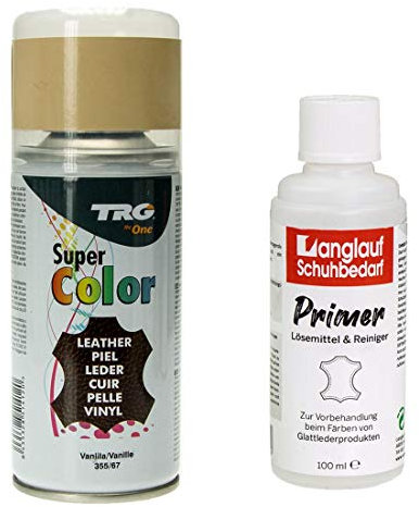 TRG Lederfarbspray 150ml Lederfarbe + Primer & Lederreiniger 100ml für Glattleder | Spray für Schuhe, Kunstleder & Stoffe, starke Deckkraft, viele Farben inkl. Metallic (vanille 355/67)