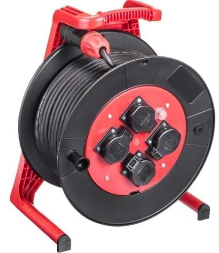 JUMBO® L Kabeltrommel mit 4 Steckdosen H07RN-F Querschnitt 3 x 1,5 mm², Leitungsfarbe schwarz, Länge 30 m, Farbe Trommel/Gestell schwarz/rot