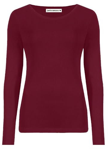 janisramone Womens Ladies Round Neck Long Sleeve T-Shirt Stretchy Plain Fitted Basic Jersey Casual Tee Top Wine