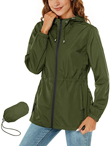 Rapbin Imperméable pour femmes, veste de pluie légère et pliable, avec capuche et poche, style trench-coat, Vert kaki, XL