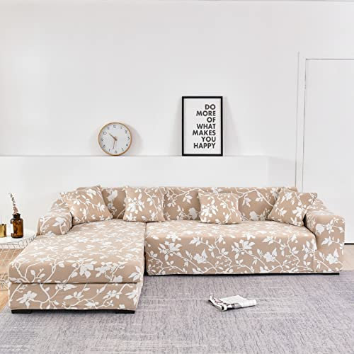 ShowyLive Sofa Überzug Couch Überzug 2er Set für Ecksofa L-Form Sofabezug 3 Sitzer+3 Sitzer, mit 4 Stück Kissenbezug, Weißes Blumenmuster