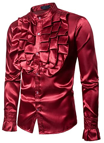 Hombre Camisa de Vestir Camisa Vintage de Volantes con Manga Larga y Cuello Henley Hombre Blusa Brillante Esmoquin de Fiesta Camisa Ajustada Shirt Delgado Club Ceremonia Graduación (Rojo, XL)