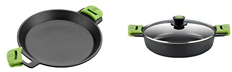 BRA A401636 - Paellera, Negro, 36 cm & PRIOR - Cacerola baja con tapa de cristal y asas de silicona, apta para todo tipo de cocinas incluida inducción y horno, 32 cm
