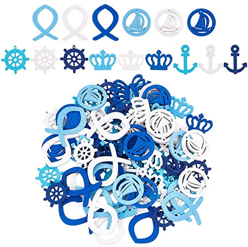 NBEADS 100 Piezas 5 Estilos de Recortes náuticos de Madera, Ancla Marina, yelmo/velero/Corona/Pescado, Decoraciones Colgantes de Madera para Fiestas temáticas de Verano, Bodas, Decoraciones
