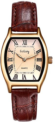 JewelryWe Uhren Damen Analog Quarz Armbanduhr Retro Römische Ziffern Weinfass Rechteckig Leder Armband Beiläufige Uhr für Frauen Mädchen Braun