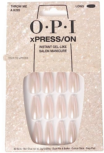 OPI xPRESS-ON Throw Me a Kiss - Pink Shimmer Long and Coffin Shaped Press On Nails - With Nail Glue - Long Lasting, Reusable and Non-Damaging False Nails