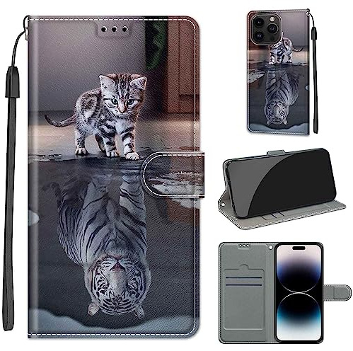 TOMYOU PU Leather Wallet Case for iPhone 15 Pro Max, Cat and Tiger | Pouch Design, Book Flip Folio, Magnet Closure, Kickstand, Card Slots, Wrist Strap Lanyard, Pattern Style