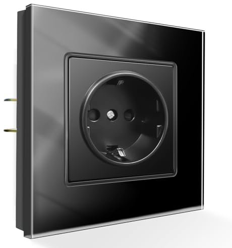 PANGTZEEN Schuko Steckdose mit Kralle 1 Fach Glas Rahmen 82mm Einzel Wandsteckdose 16A Unterputz Zwei Befestigung Stil Einbausteckdosen Schwarz Für Wohnzimmer, Schlafzimmer, Küche, Büro
