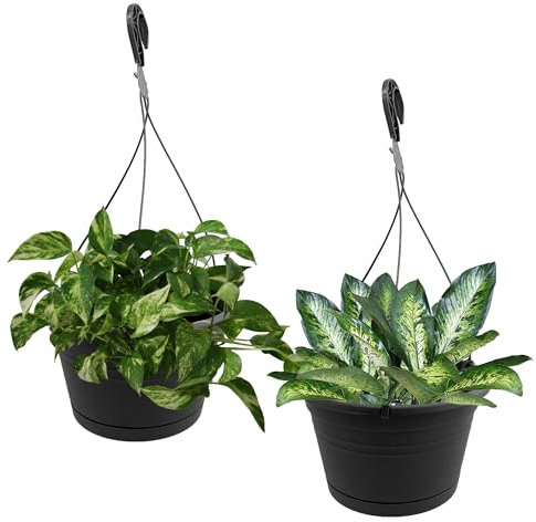 J3A Collections 10in Euro Hanging Planter for Outdoor Plants 2 Pieces 10inch Hanging Planter with (2) 40cm Hooks, Self Watering Indoor Outdoor Hanging Pots with Drainage Holes and Removable Drip Tray