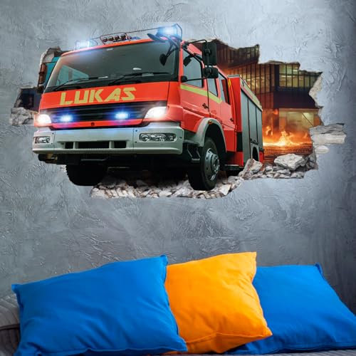 tjapalo® vz64 tjapalo® 3D Wandtattoo mit Namen Wandtattoo Feuerwehr Auto Wandaufkleber Wandtattoo Kinderzimmer junge Wandsticker Feuerwehr Kinder Deko Wandbild, Größen Name: B110xH58cm