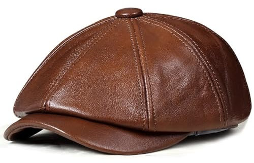 FICORD Schiebermütze Herren Leder-Newsboy-Mütze, Achteckige Kappe, Gürtel, Rindsleder, Baskenmütze, Warme Winter-Baumwolle, Für Herren, Schirmmütze, Jagdmütze/Hut, Ohrenklappe, Braun, 59–60