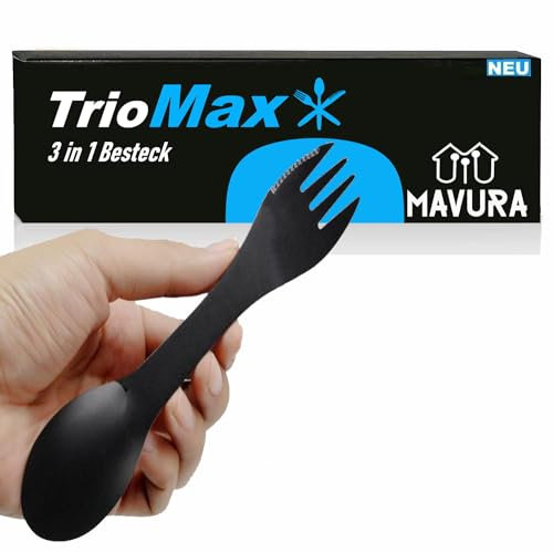 TrioMax Couverts de camping 3 en 1 en acier inoxydable Noir