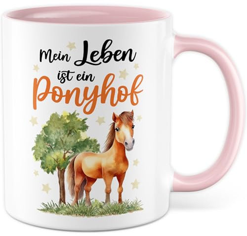 Tasse Pferd Geschenk Mein Leben ist ein Ponyhof, Kaffeetasse Mädchen Pony Pferdemädchen Kinder Geschenkidee lustig Frau Reithof Pferdewirt Kakao-Becher