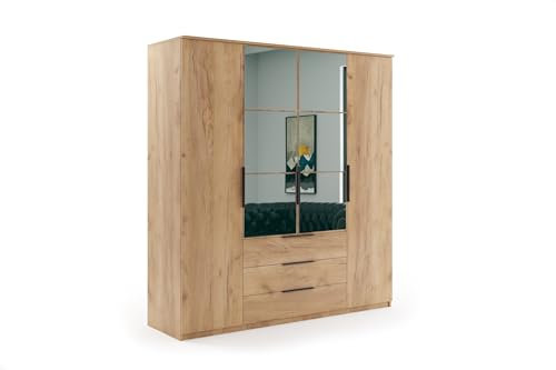 B&M Furniture Kleiderschrank mit Drehtüren,Schubladen und Spiegel - mit Einlegeböden und Kleiderstange - für Garderobe, Schlafzimmer - Modern - Eiche Gold Craft Holzimitat - 200 cm B, 215 cm H