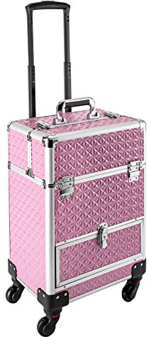 Kosmetikkoffer Trolley, Schminkkoffer mit Schubladen groß Abschließbar Friseurkoffer Reisen Make-up Koffer mit 360° drehbare Rollen 34 x 25 x 47 cm (Rosa)